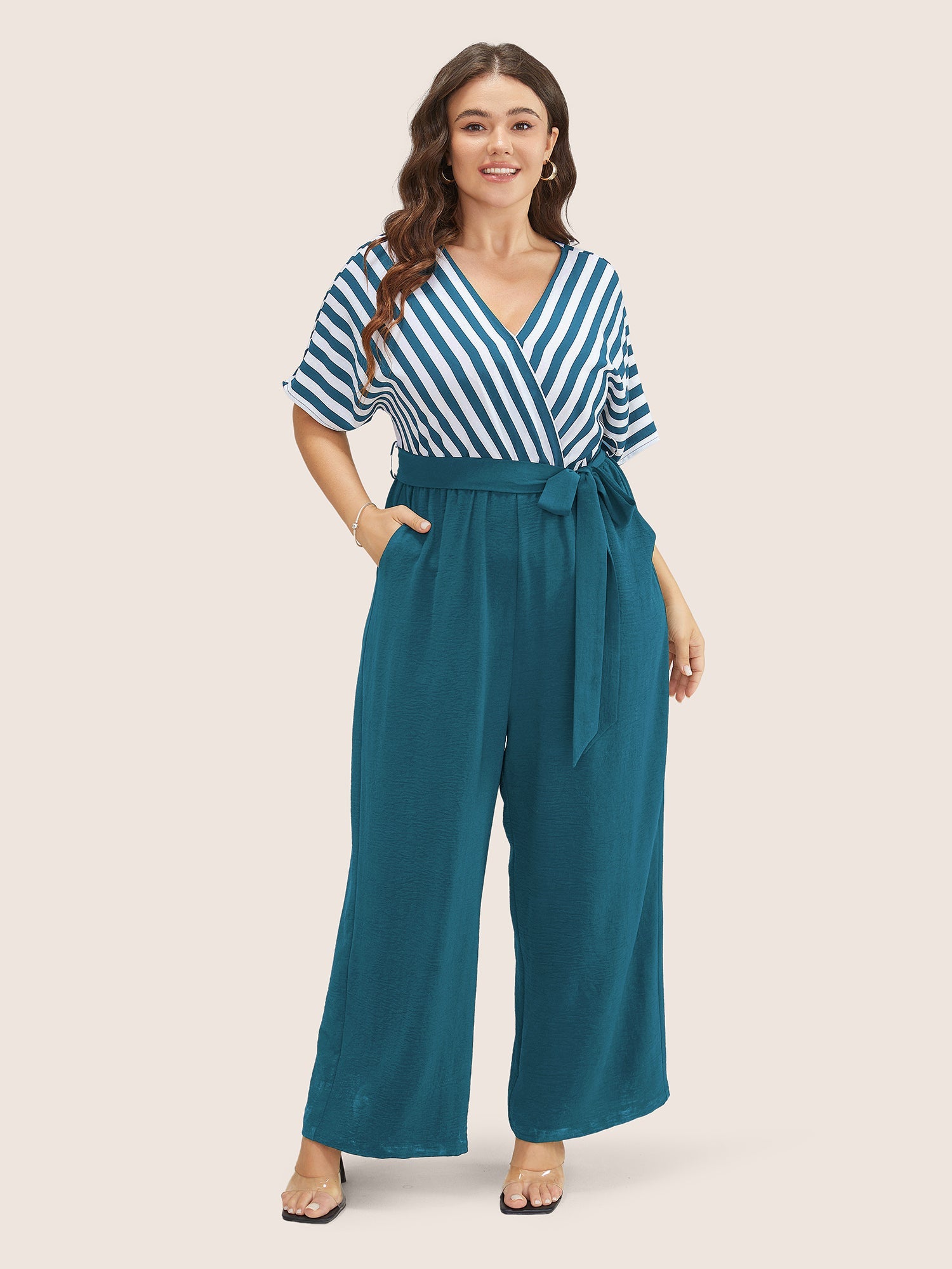 Striped Patchwork Pocket Batwing Sleeve Belted Wrap Jumpsuit