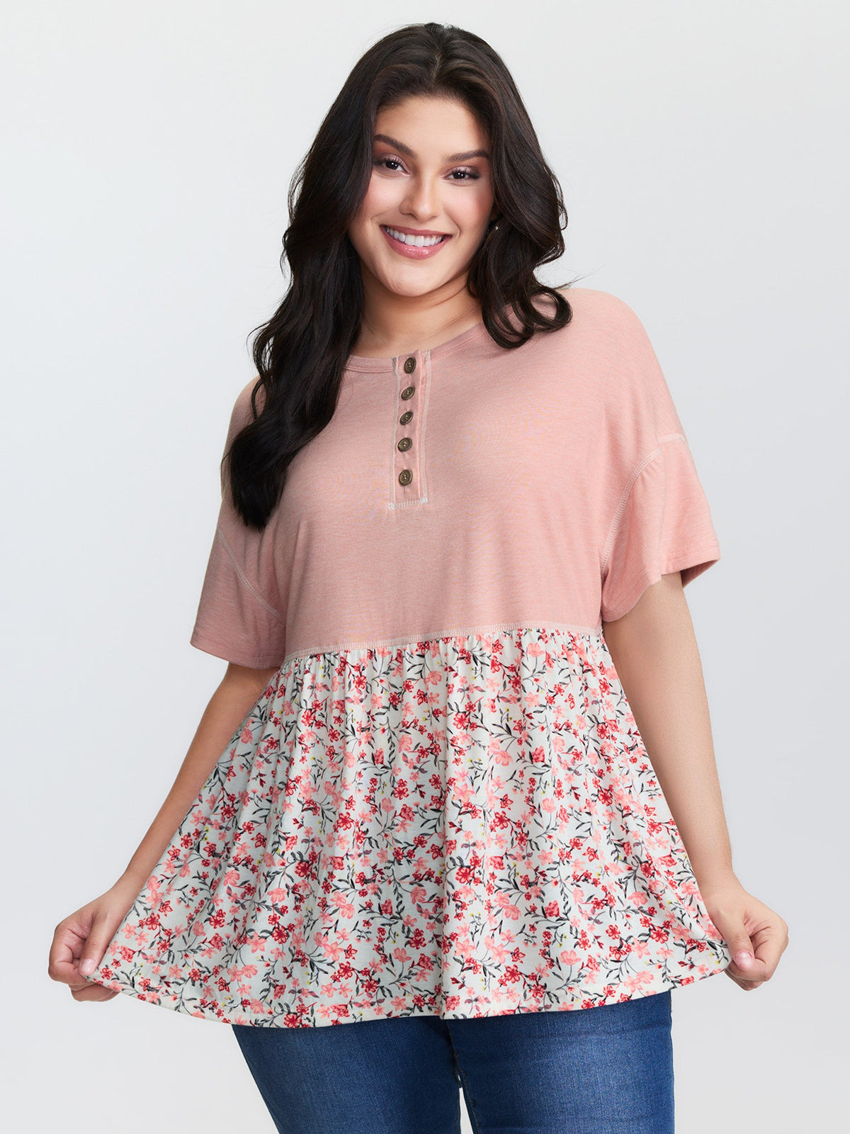 Floral Print Color Contrast Placket T-Shirt