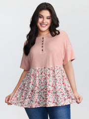 Floral Print Color Contrast Placket T-Shirt