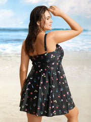 Heart Neckline Floral Twist Front Swim Dress