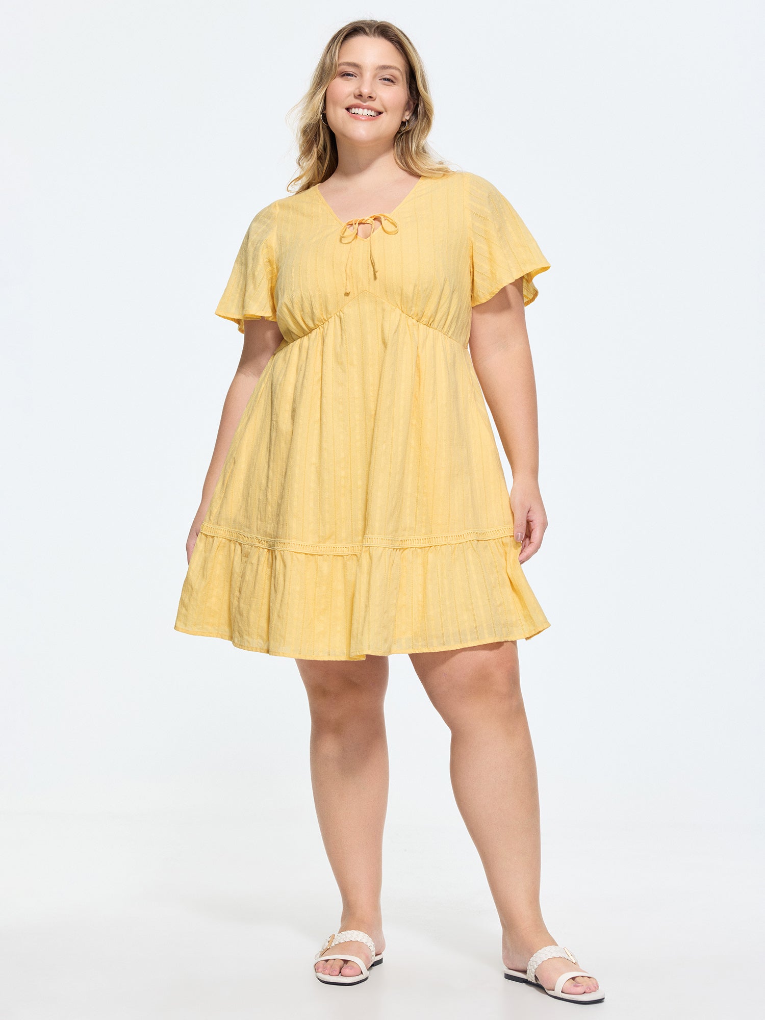 Cotton Sheer Lace Trim V-Neck Mini Dress