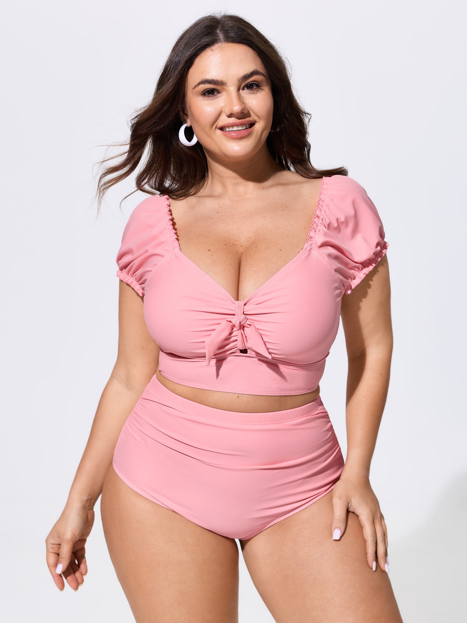 Stretchy Sleeve Knotted Front Swim Top