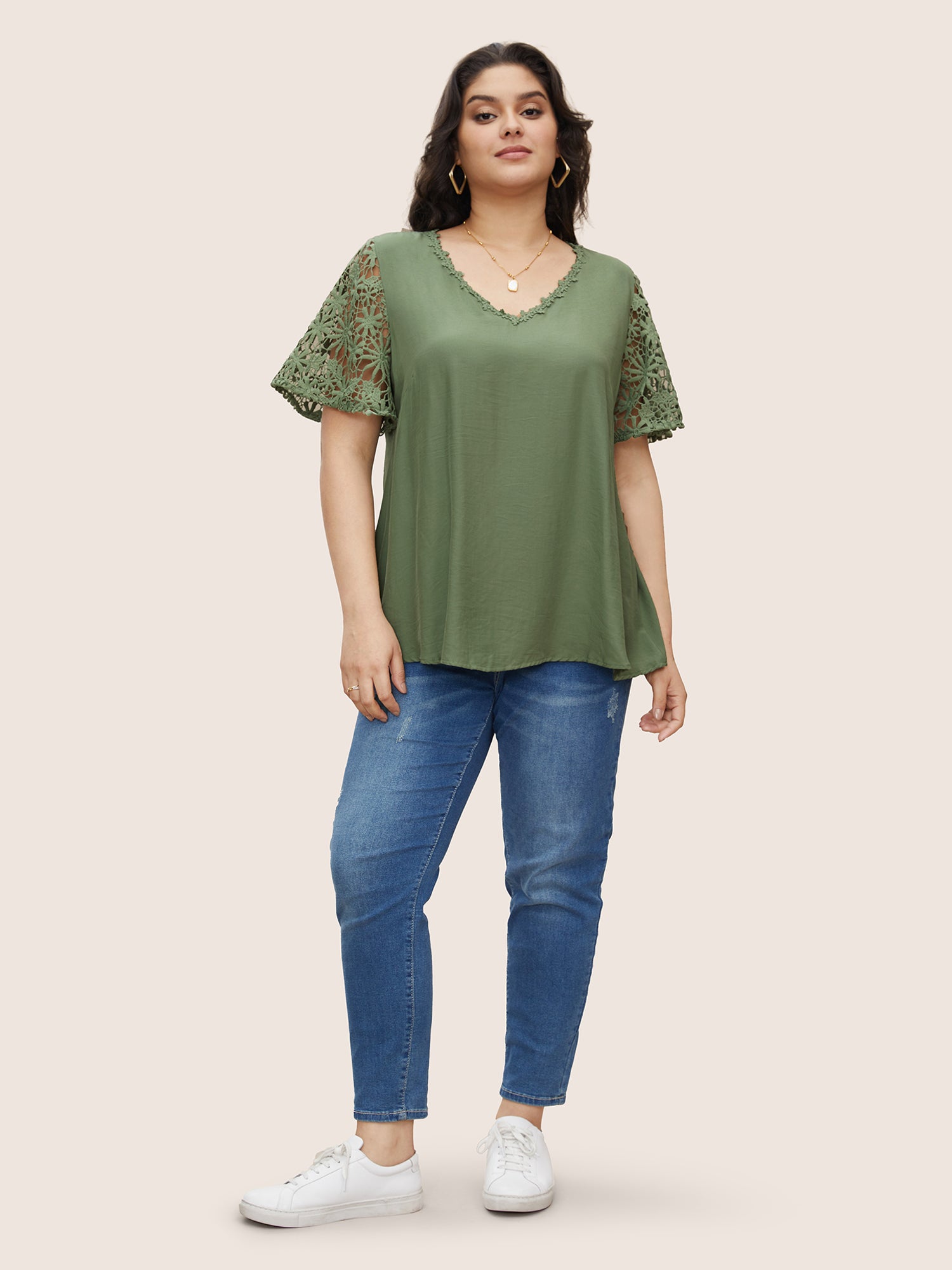 Plain V Neck Floral Patchwork Blouse
