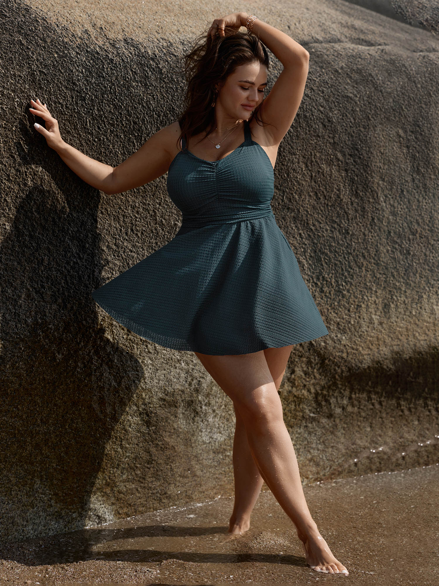 Textured Adjustable Cinched Flared Swim Dress