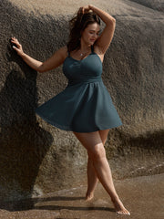 Textured Adjustable Cinched Flared Swim Dress