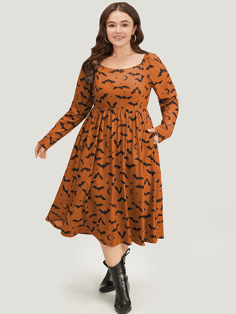 Halloween Bat Print Pocket Square Neck Dress
