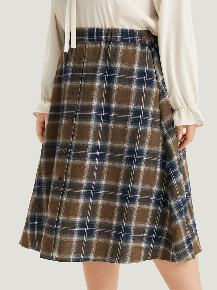 Plaid Button Detail Elastic Waist Woven Skirt