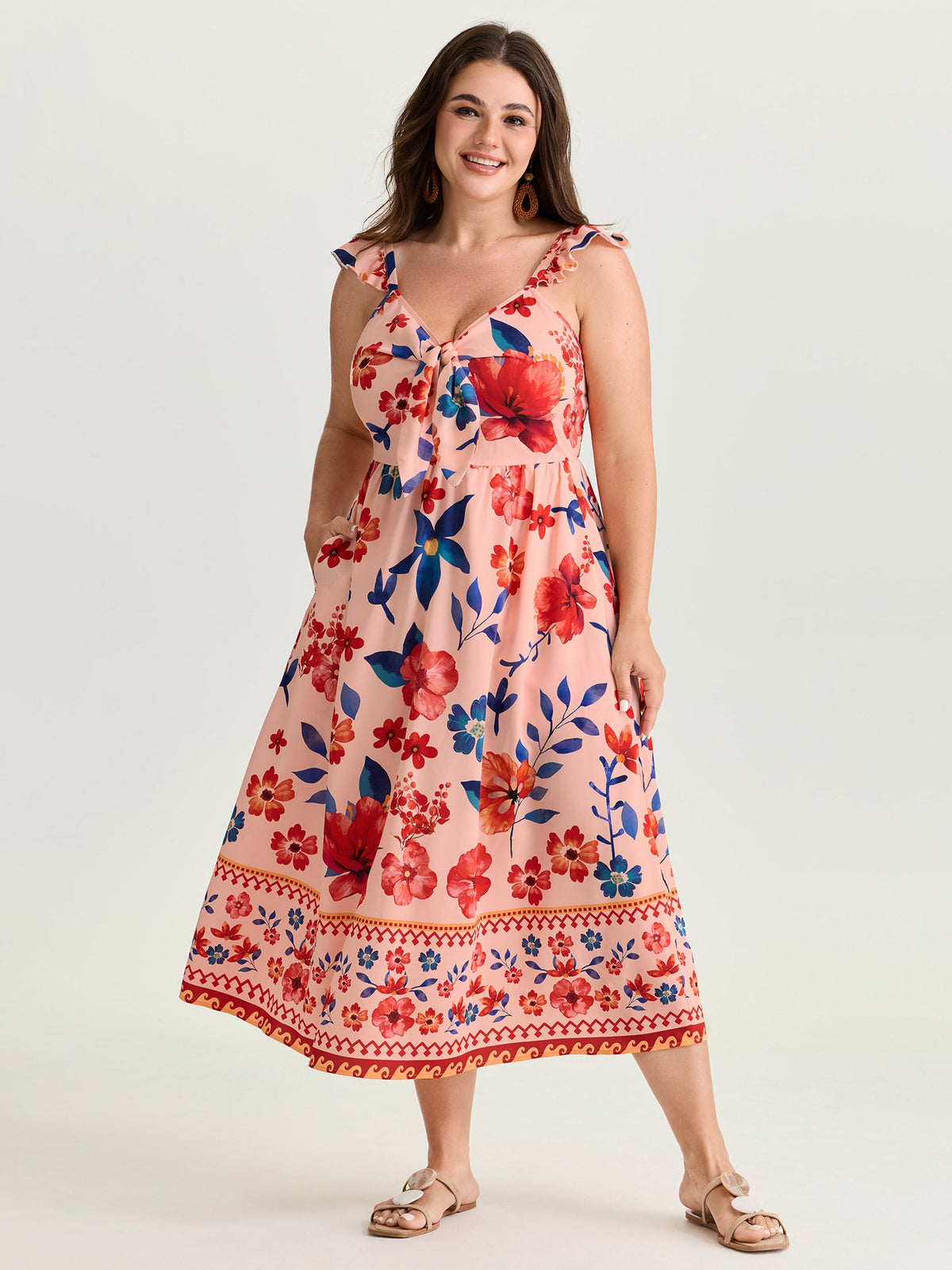 Floral Print Flutter Sleeve Contrast Maxi Dress