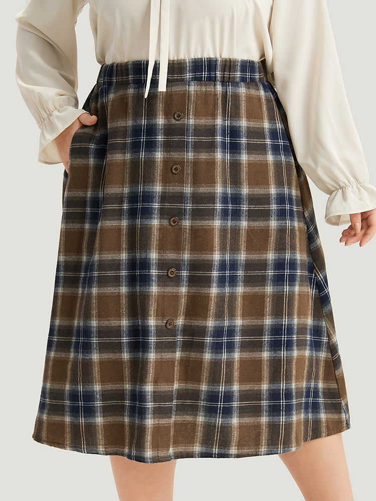 Plaid Button Detail Elastic Waist Woven Skirt