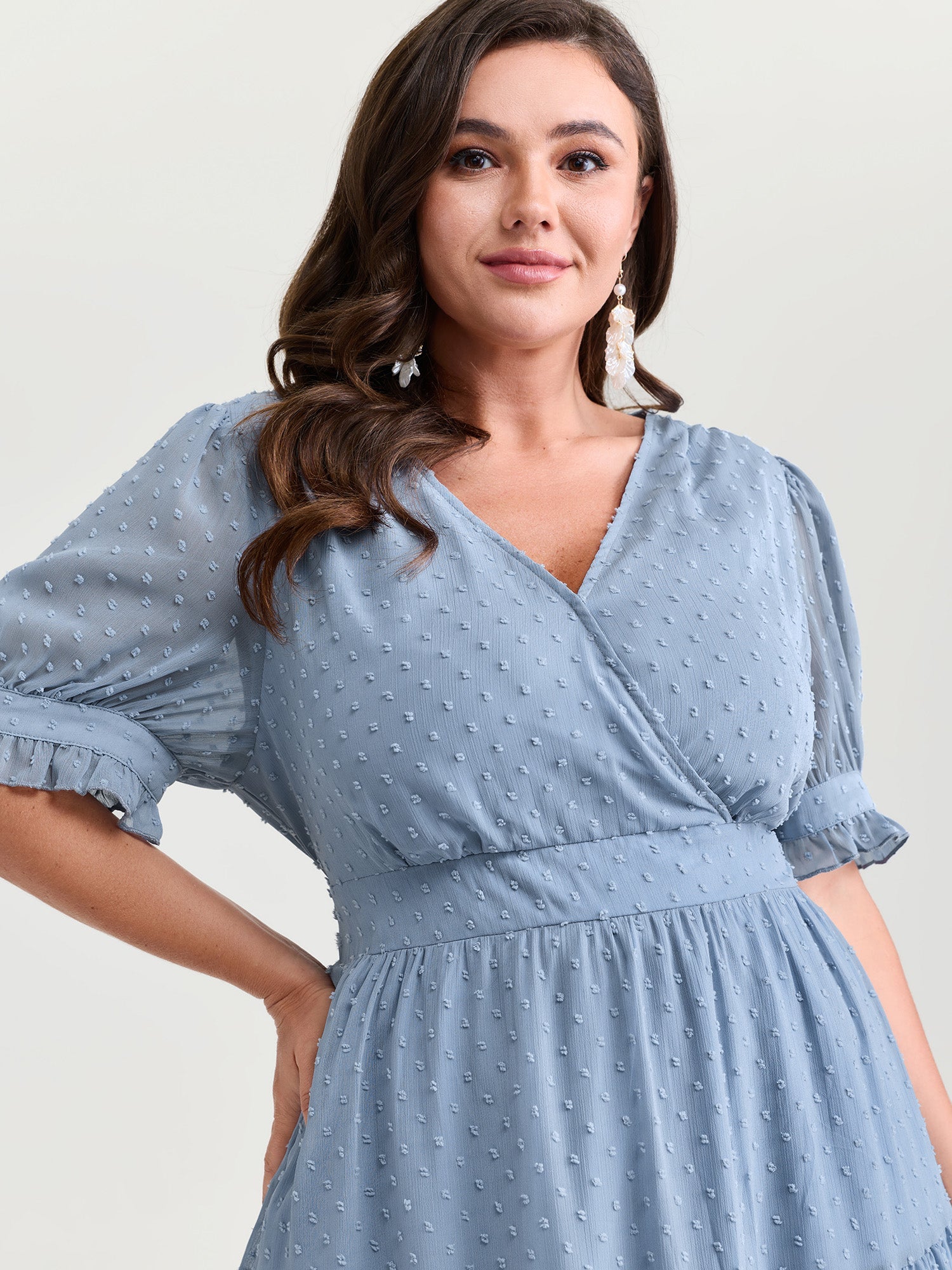 Textured Lace Trim Wrap Neckline Tiered Midi Dress