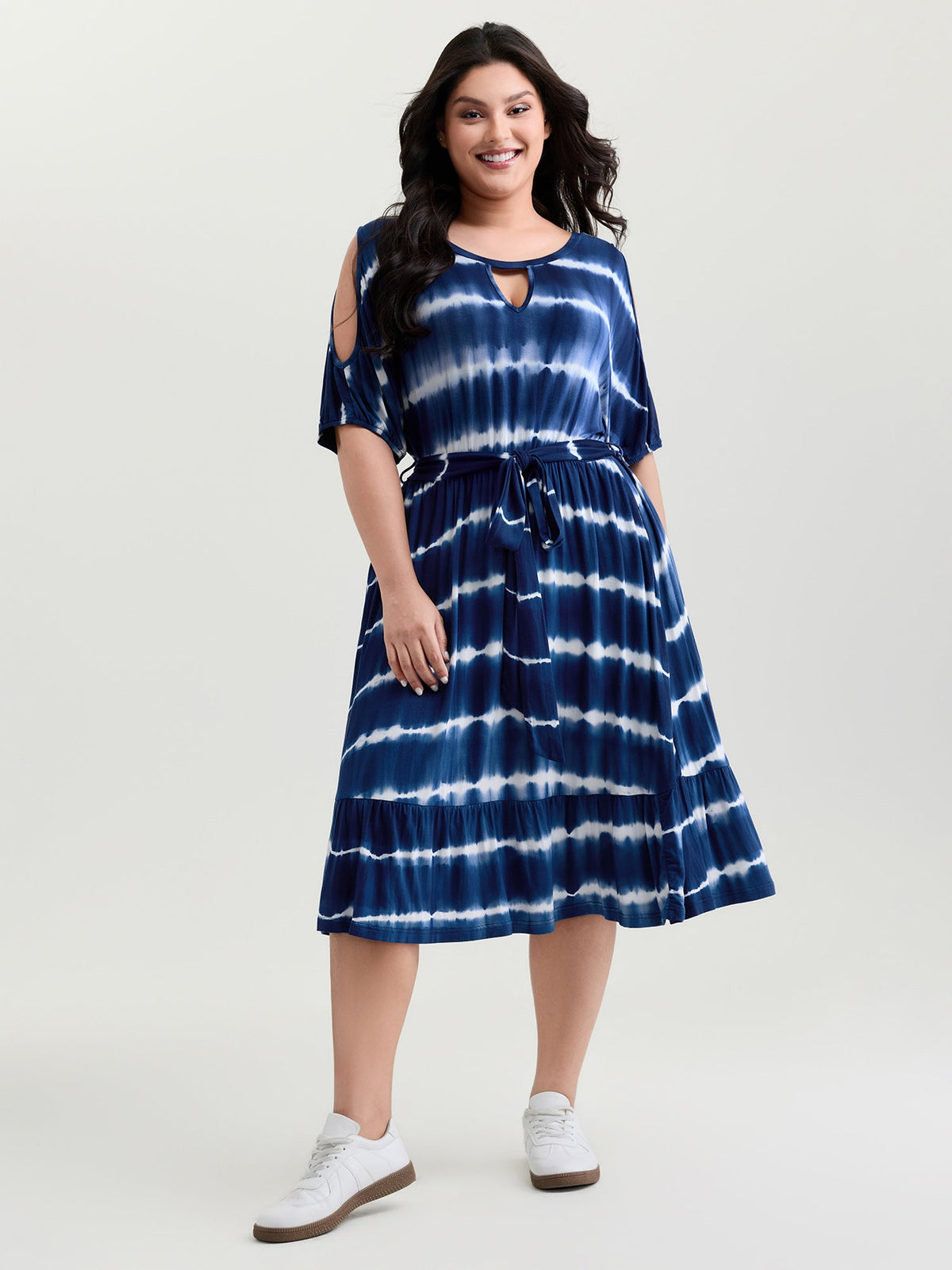 Color Gradient Waist-Tie Keyhole Neckline Mini Dress