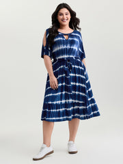 Color Gradient Waist-Tie Keyhole Neckline Mini Dress