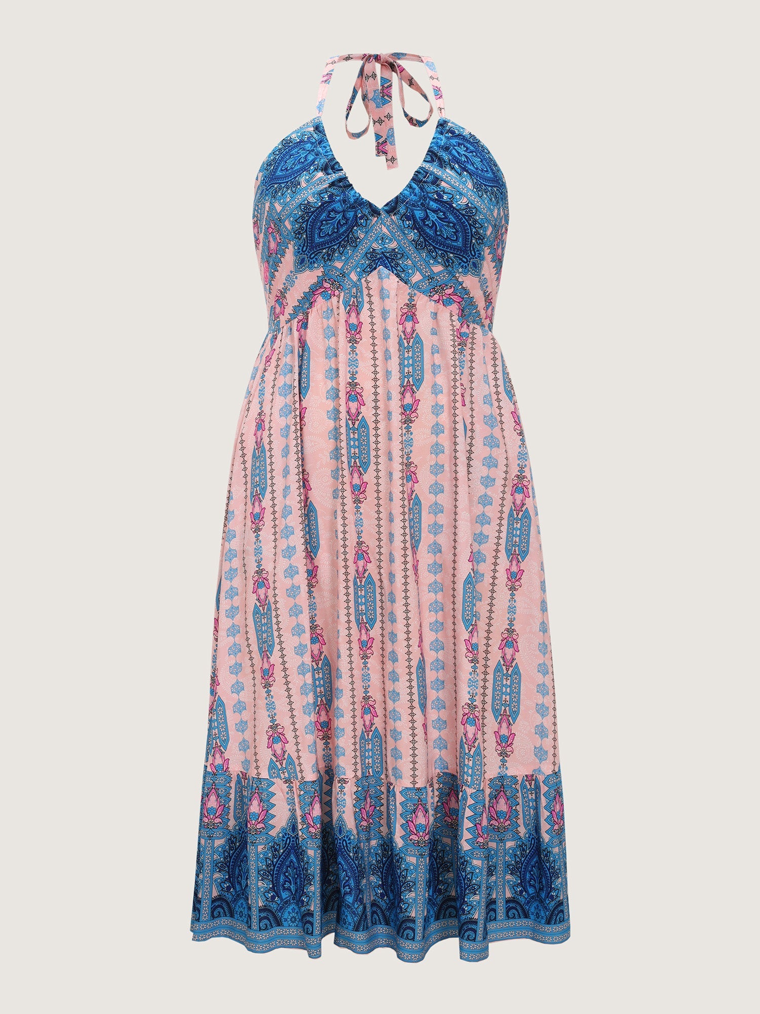 Geometric Print Halter Neckline Shirred Midi Dress