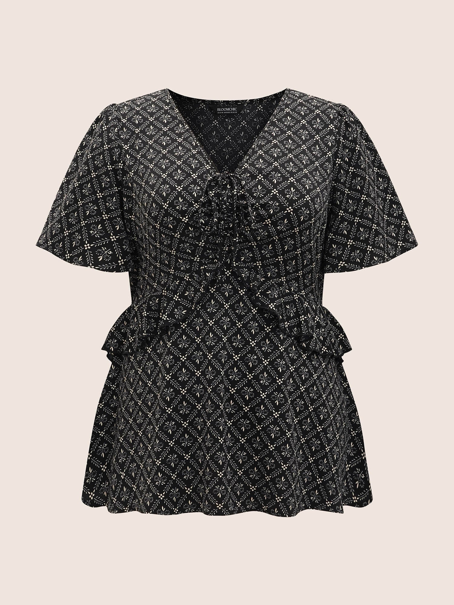 Moroccan Print Tie Knot Ruffle Trim Blouse