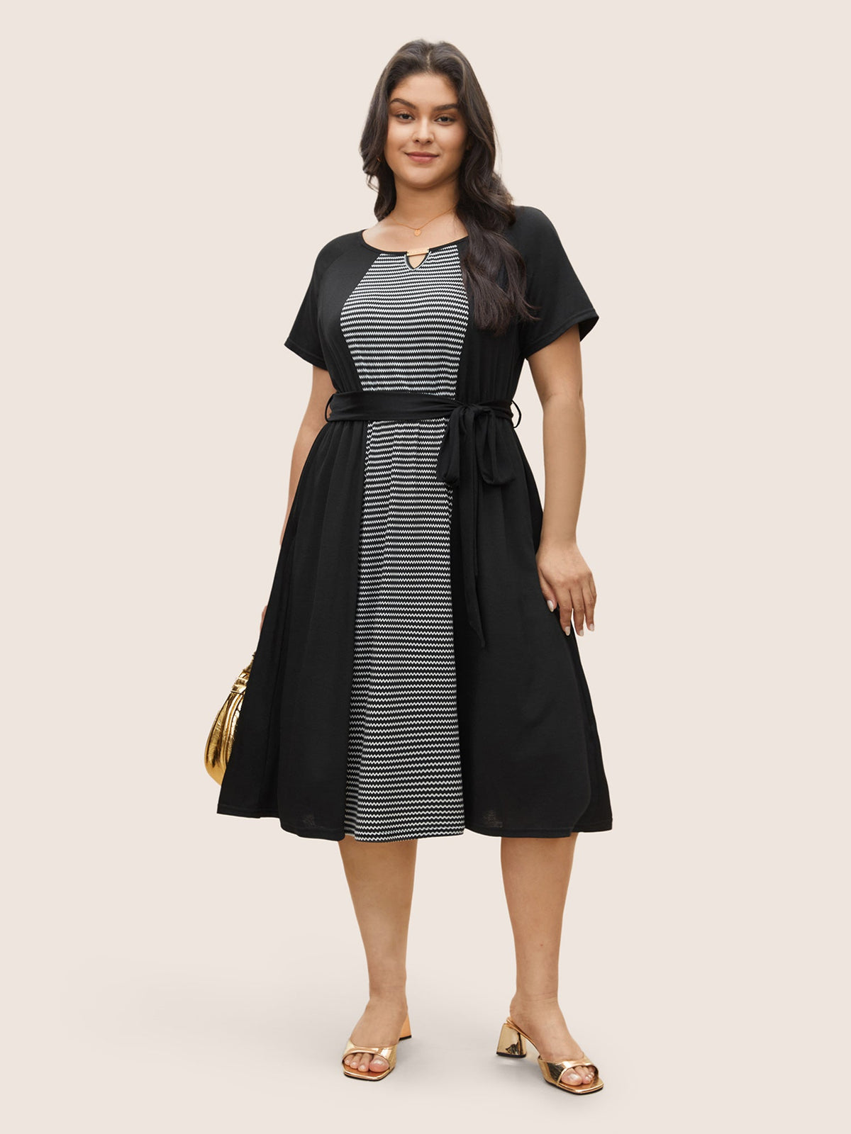 Striped Patchwork Keyhole Belted Raglan Sleeve Dress