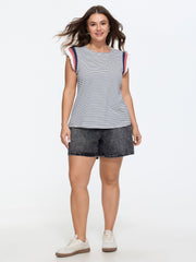 Cotton Striped Print Ribbed Color Contrast T-Shirt