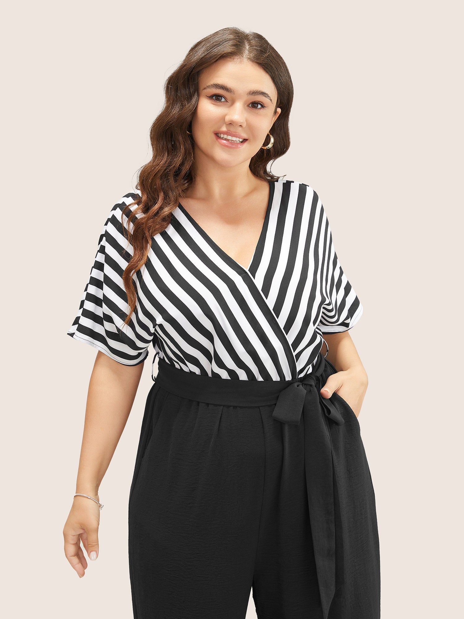 Striped Patchwork Pocket Batwing Sleeve Belted Wrap Jumpsuit