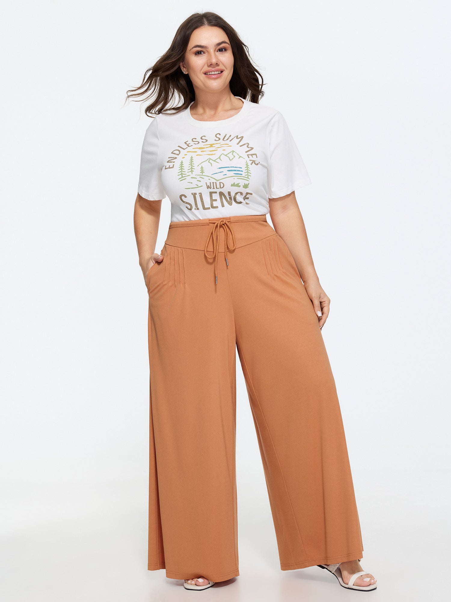 Stretchy Drawstring Waist Wide-Leg Pants