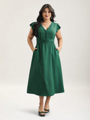 Lace Trim Stitch Textured Waist-Defined Midi Dress