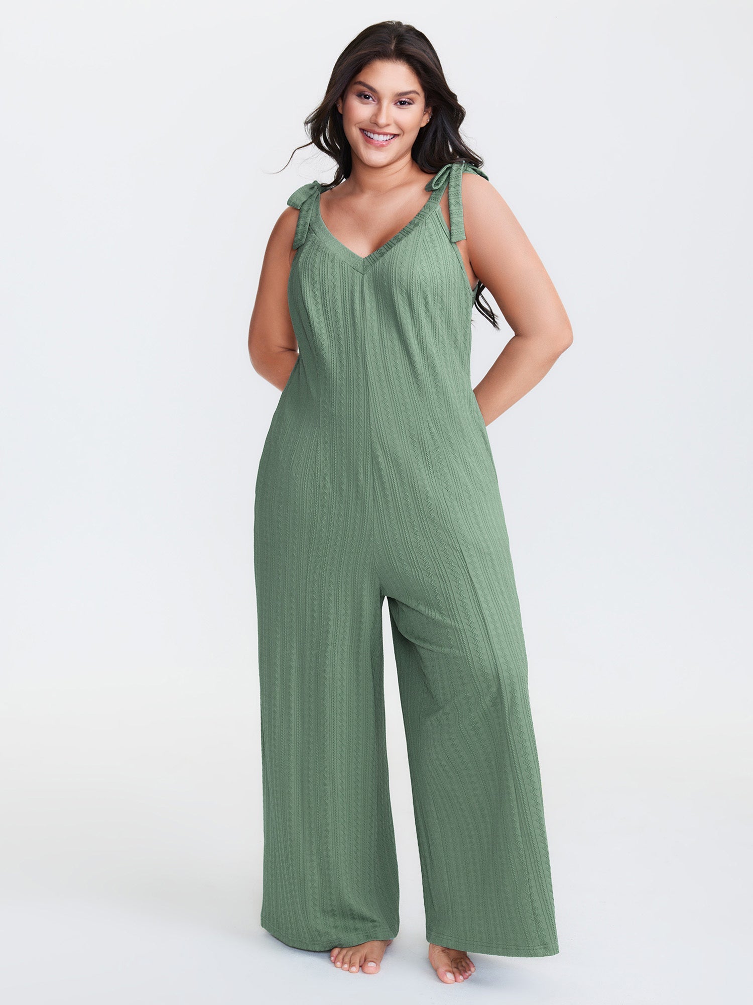 Twist Textured Shoulder Tie Lounge Jumpsuit