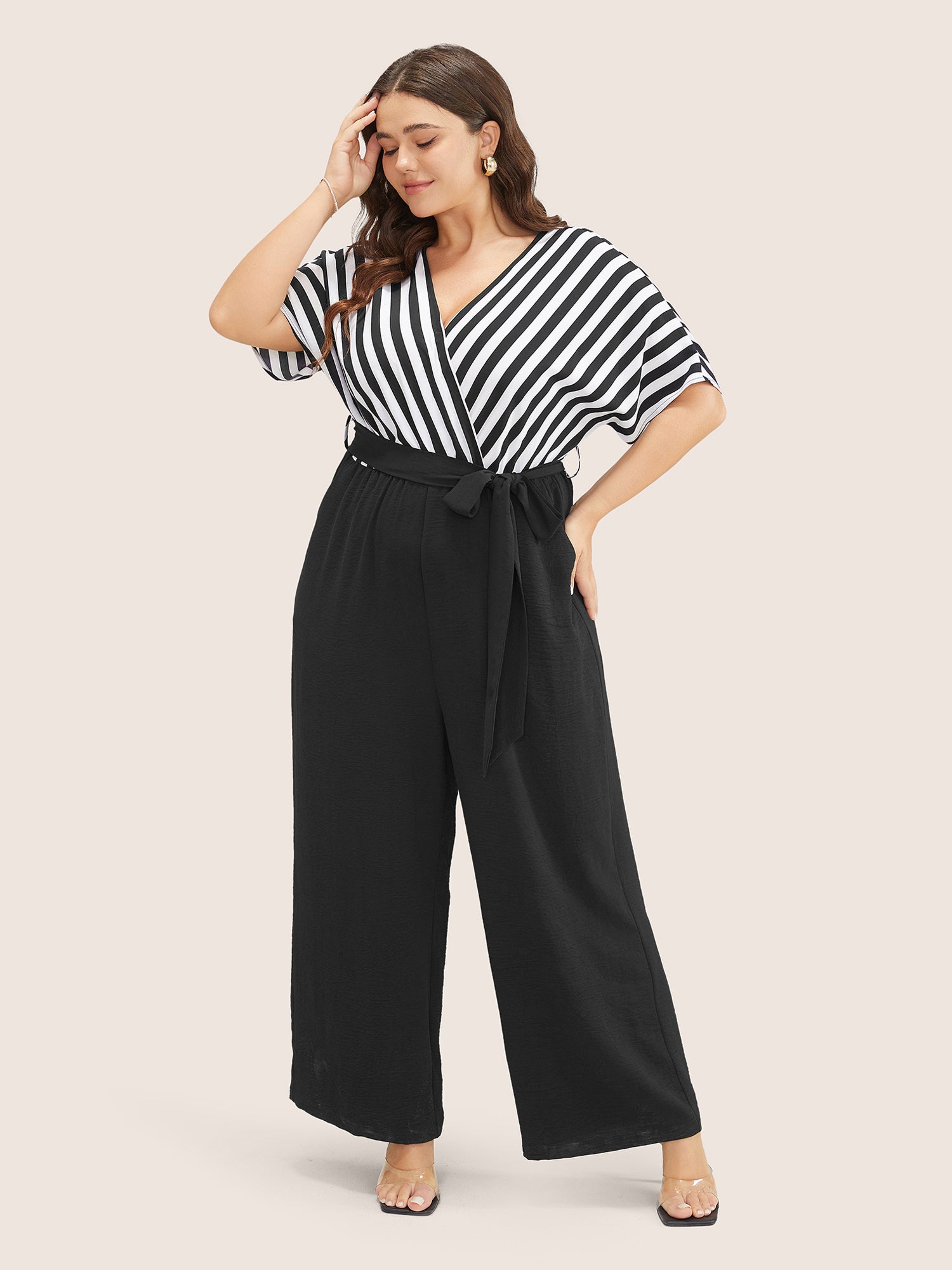 Striped Patchwork Pocket Batwing Sleeve Belted Wrap Jumpsuit