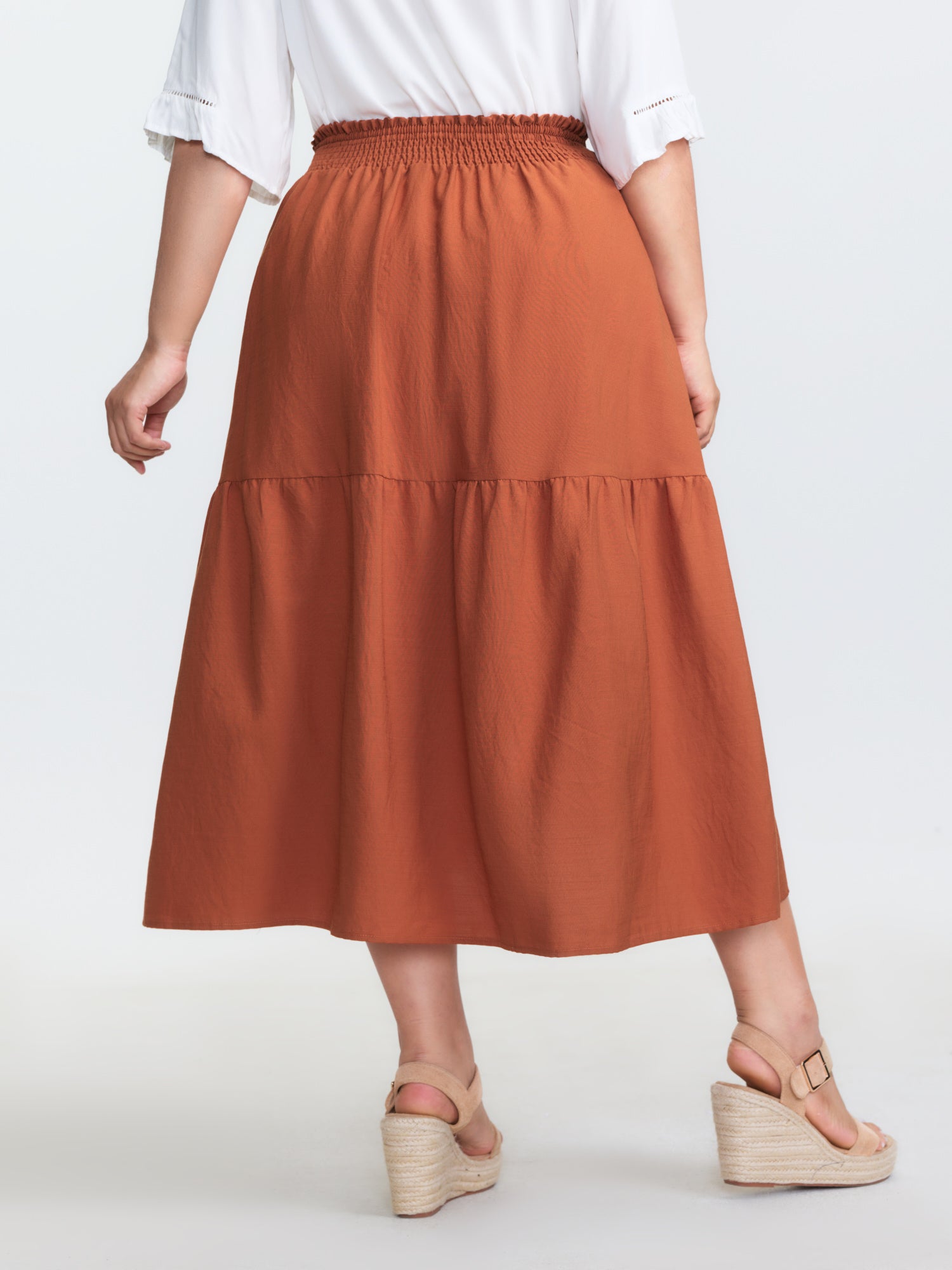 Shirred Waist Ruffled High Low Hem Midi Skirt