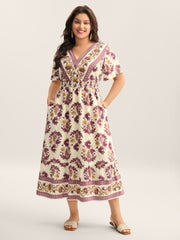 Rayon Floral Print Stretchy Waist Midi Dress