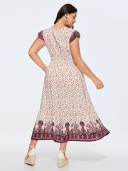 Floral Print Color Contrast V-Neck Midi Dress