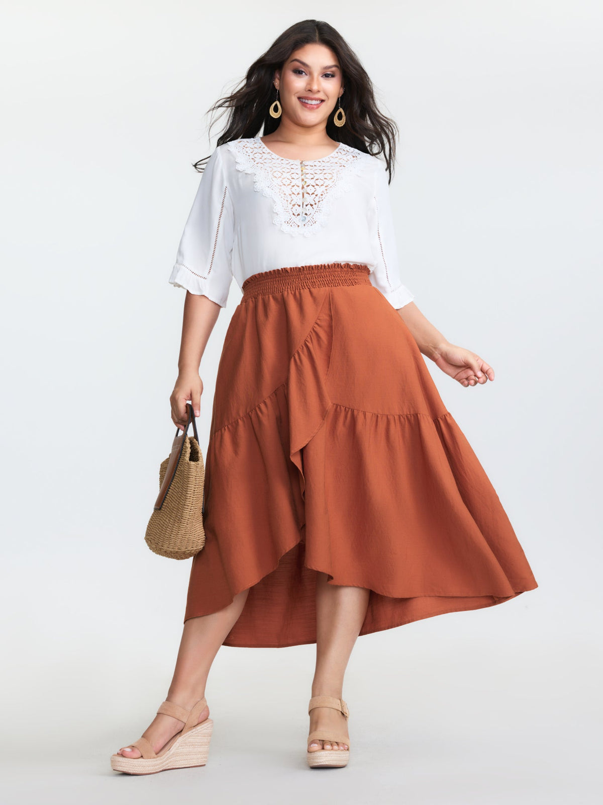 Shirred Waist Ruffled High Low Hem Midi Skirt