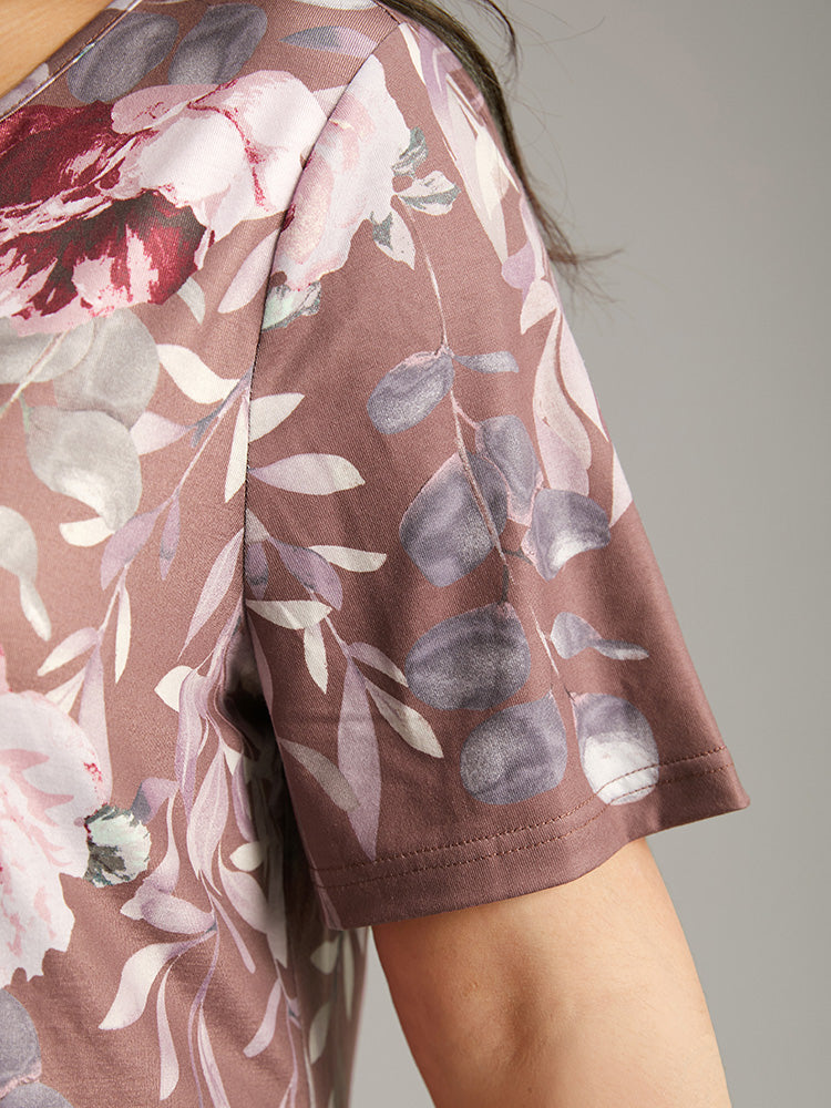 Floral Print Notched Button Up T-shirt