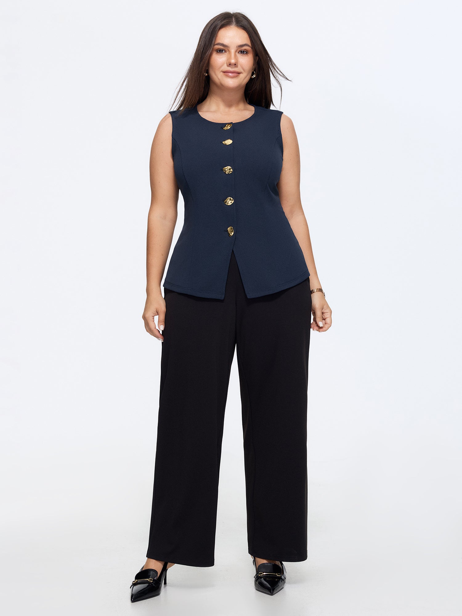 Button-Front Fitted Plain Blazer Vest