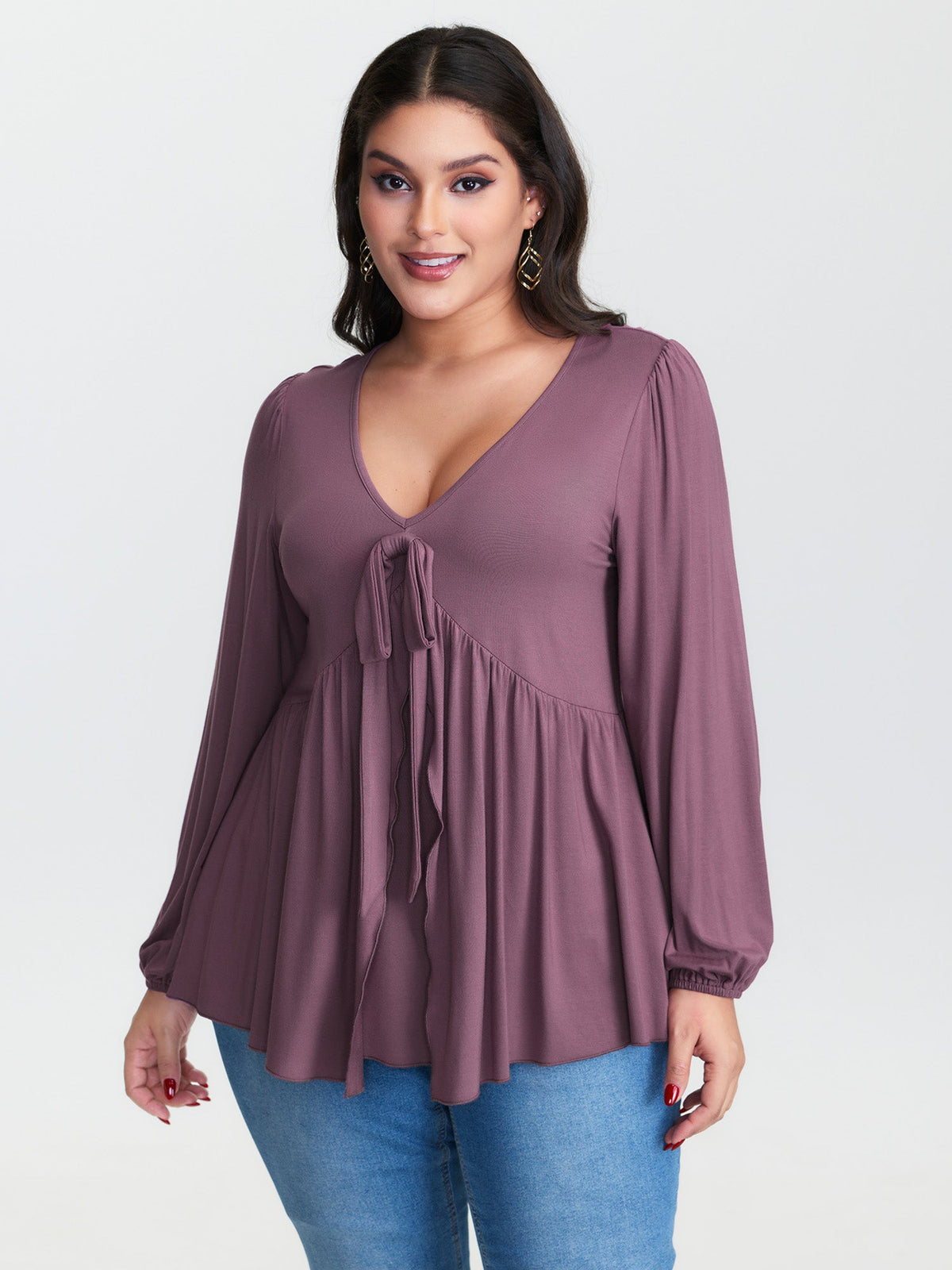 Stretchy Waistband Tie-Front Ruffled Knit Top