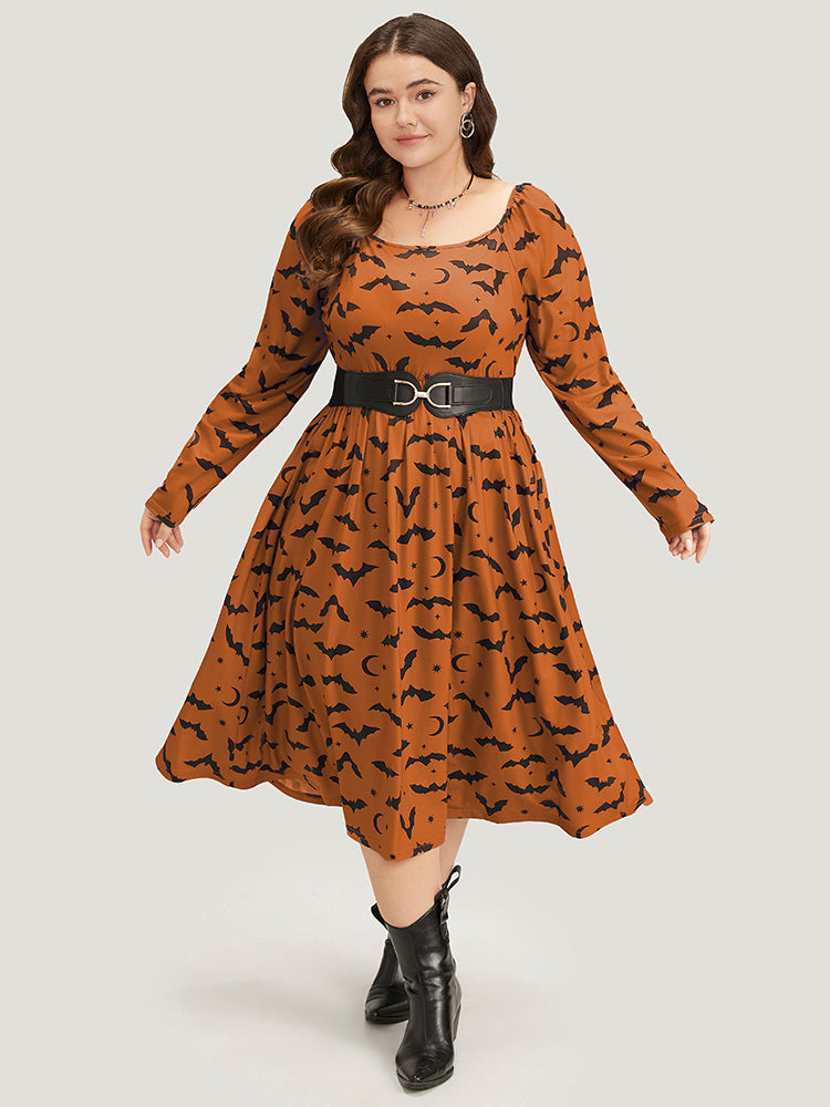 Halloween Bat Print Pocket Square Neck Dress