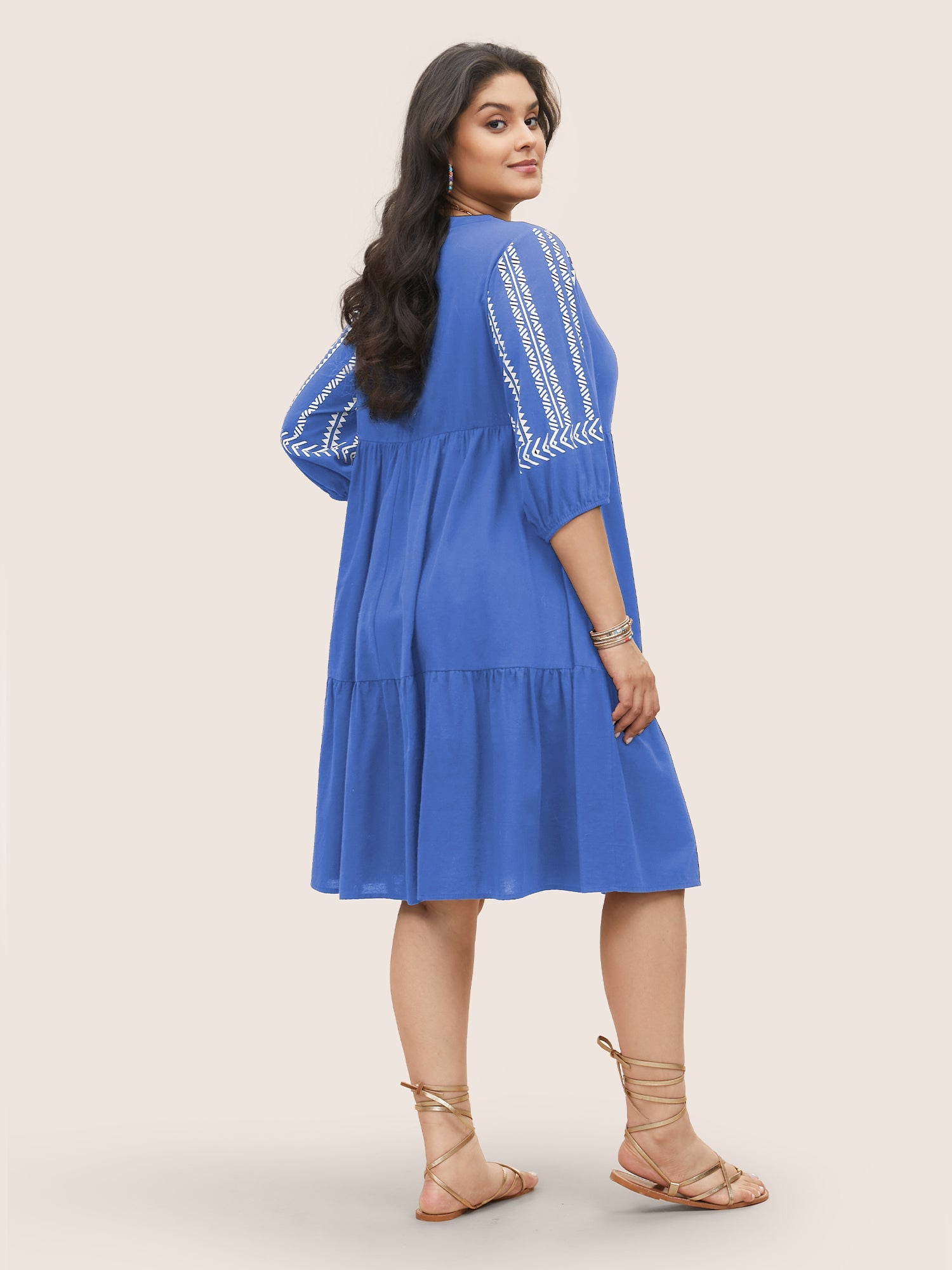 Cotton Geometric Bandana Print Tassel Trim Dress