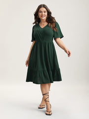 Bib-Front V-Neck Pockets Tiered Mini Dress