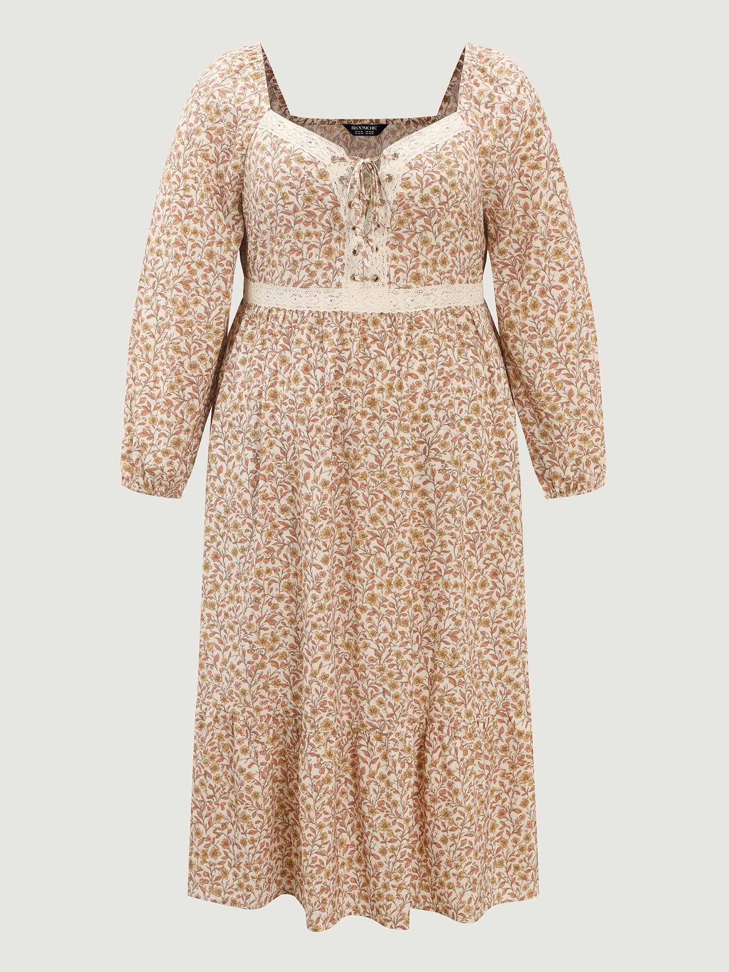 Retro Floral Print Lace Trim Midi Dress
