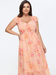 Floral Print Ruched Ruffled Maxi Dress