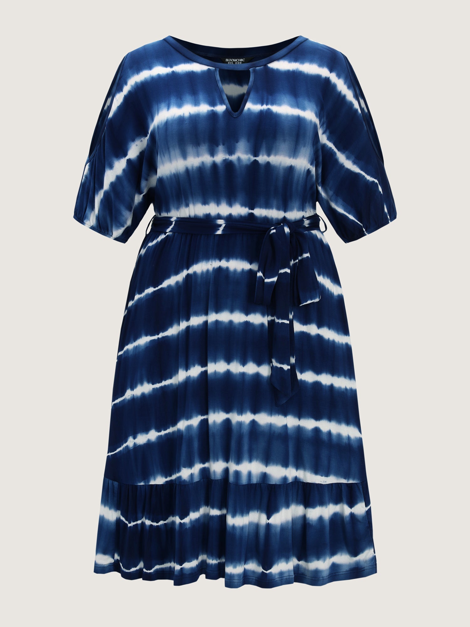 Color Gradient Waist-Tie Keyhole Neckline Mini Dress