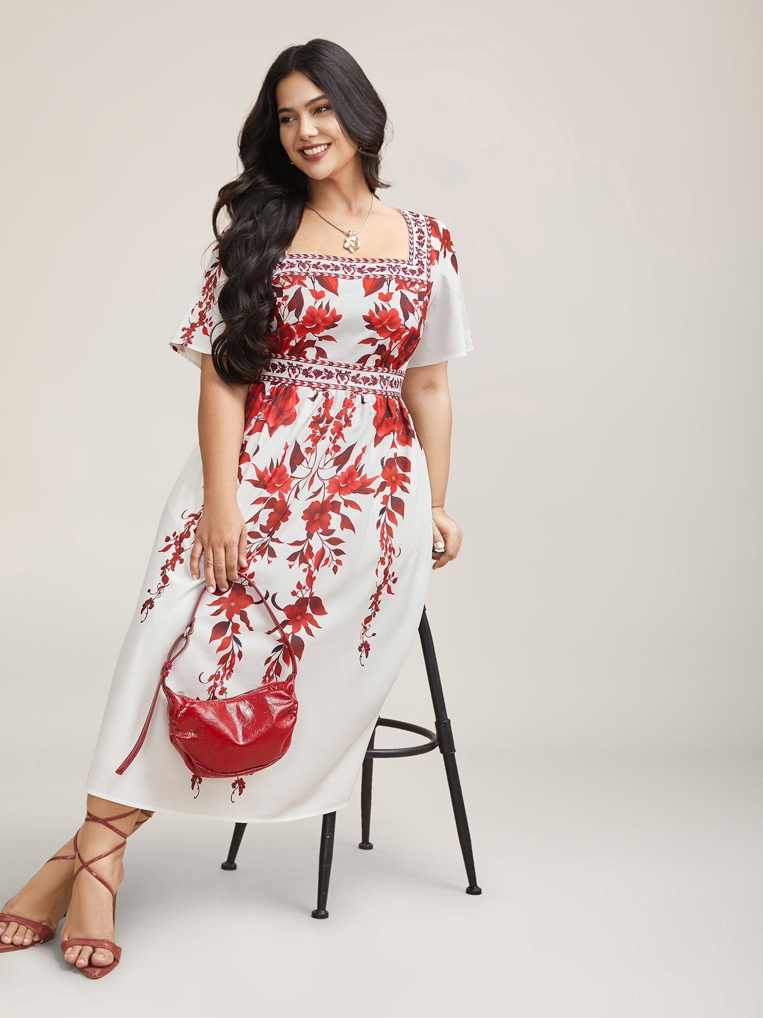 Bohemian Floral Print Stretchy Waist Midi Dress