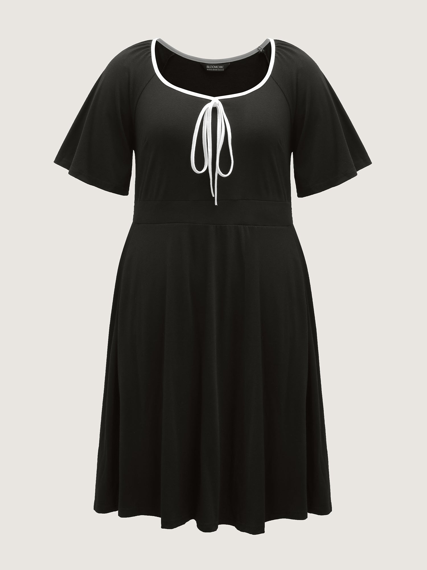 Neck Bow-Tie Contrast Pockets Midi Dress