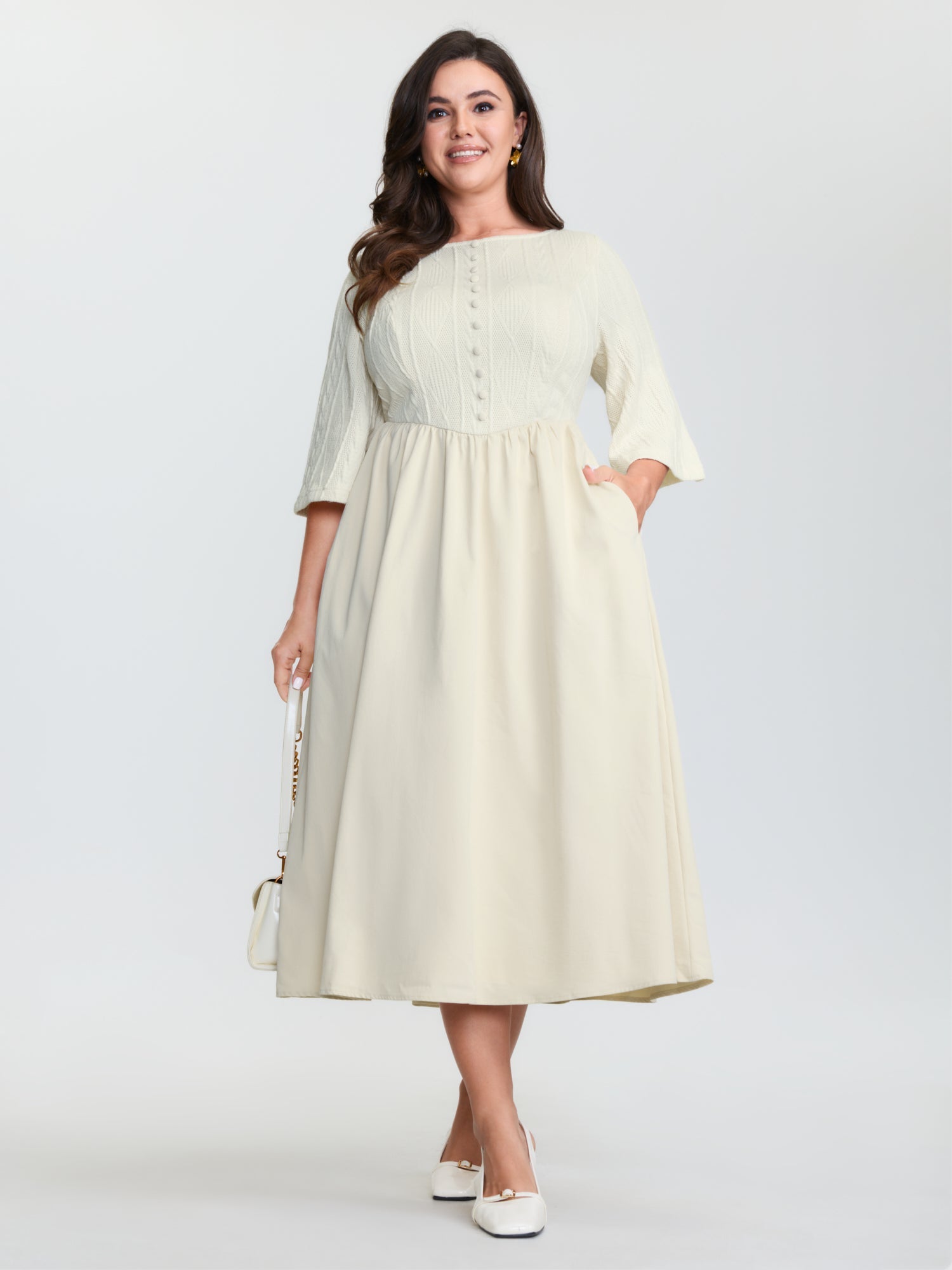 Textured Button Detail Flowy Midi Dress