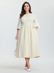 Textured Button Detail Flowy Midi Dress