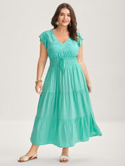 Cotton Embroidered Tie Pockets Maxi Dress