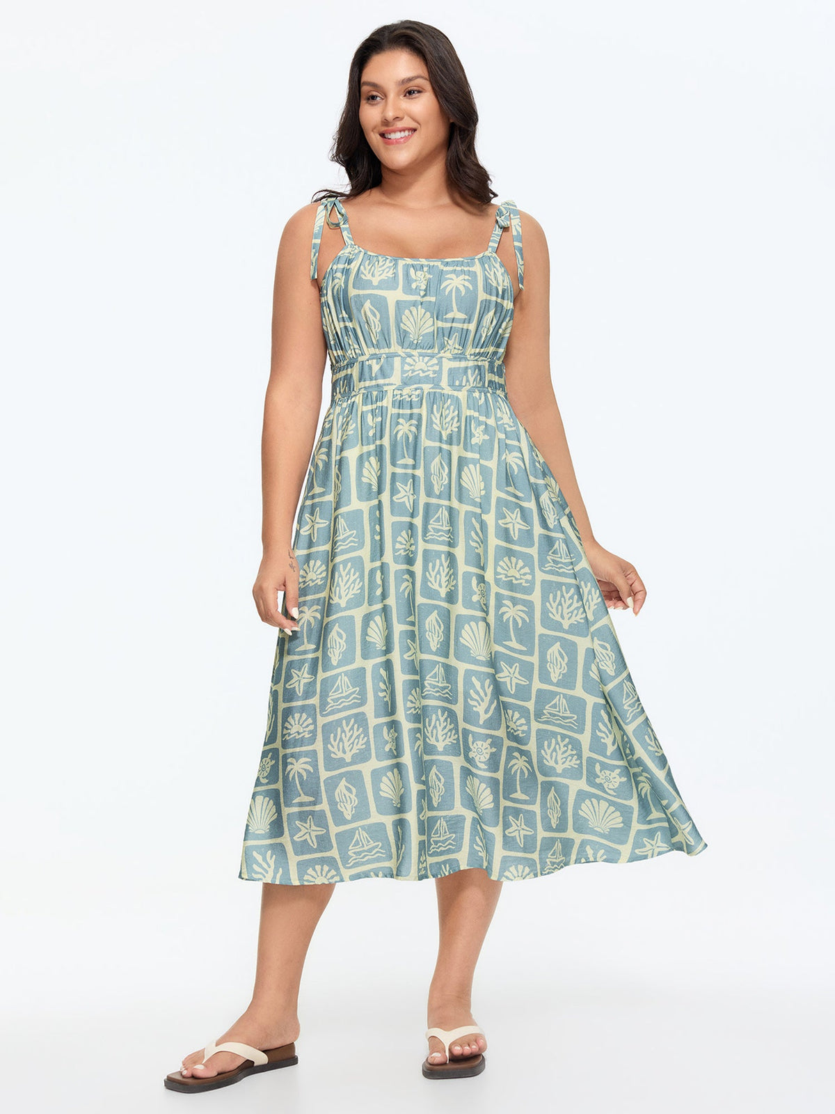 Ocean Print Shoulder-Tie Pleated Midi Dress