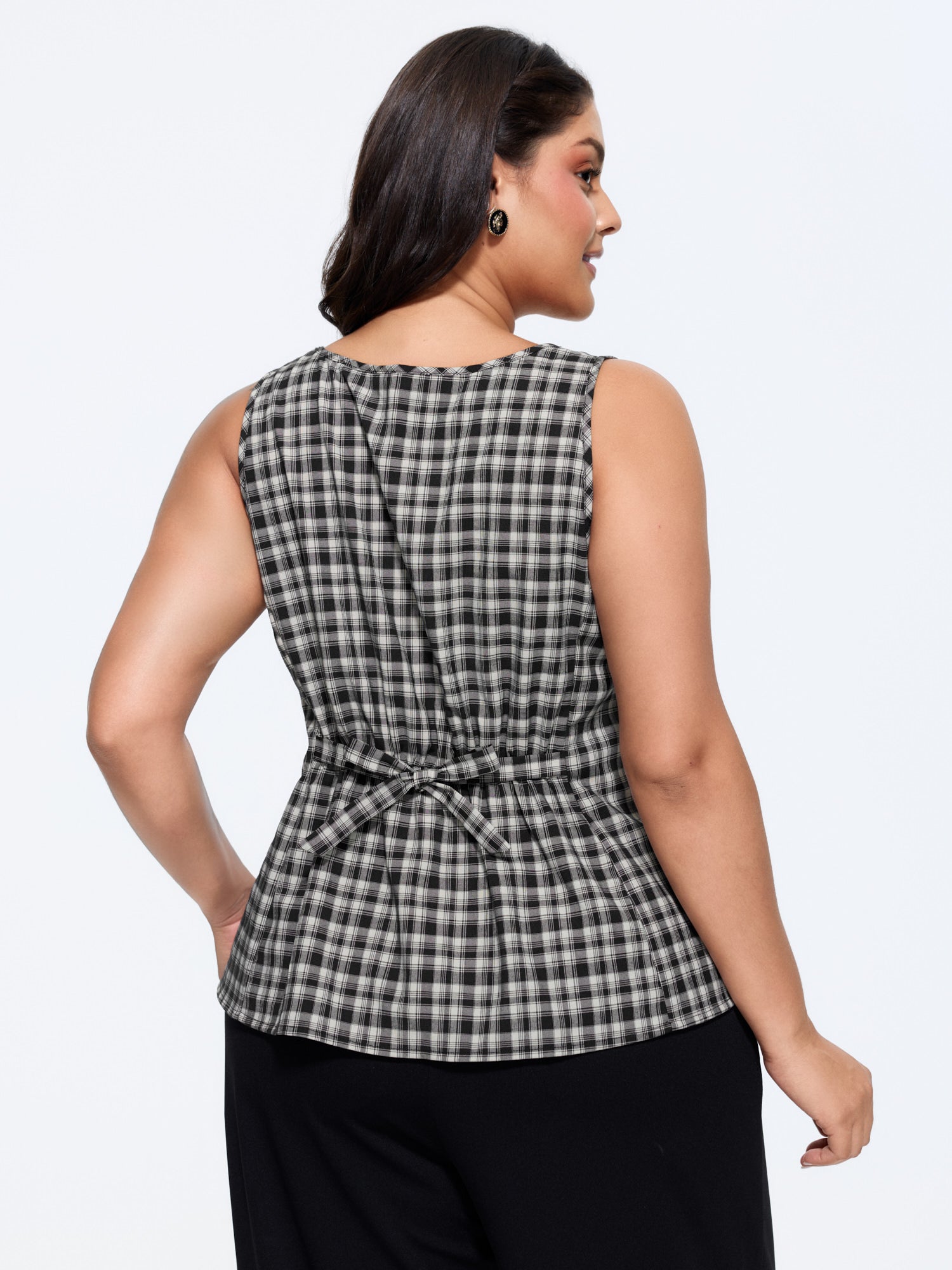 Check Print Waist-Tie Button Tank Top