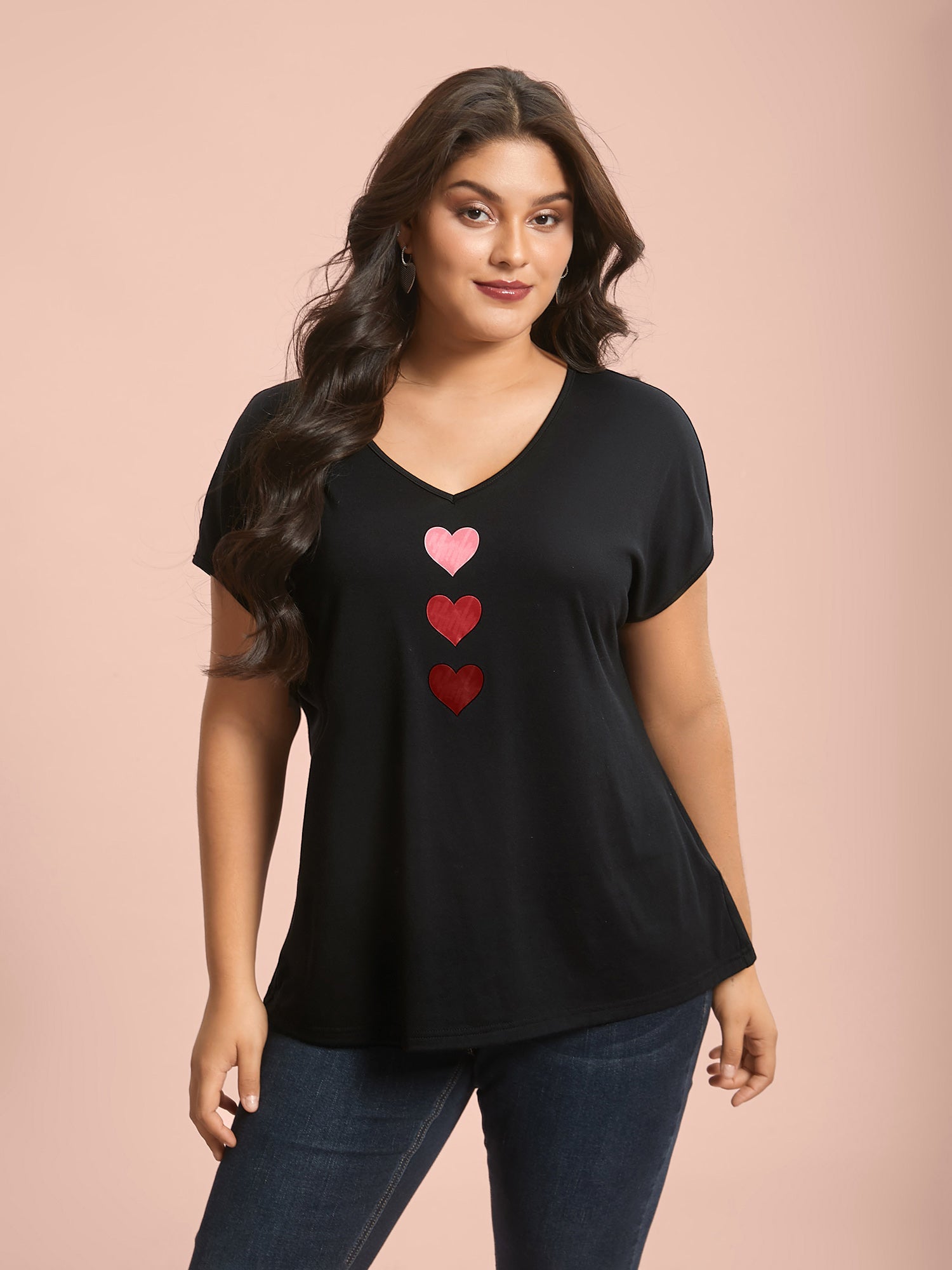 Heart Print Stretchy Dolman Sleeve T-Shirt