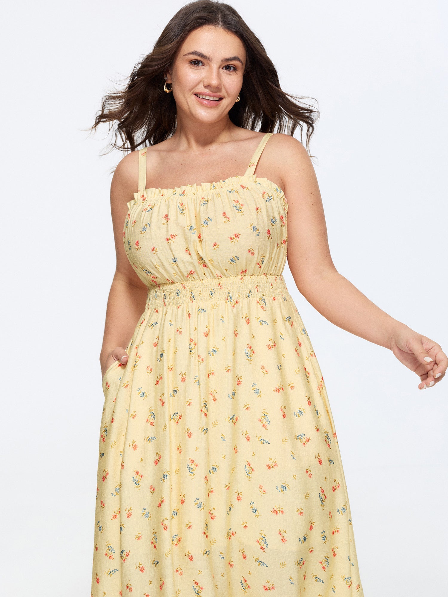 Micro Floral Print Shirred Midi Dress