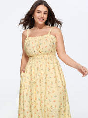 Micro Floral Print Shirred Midi Dress