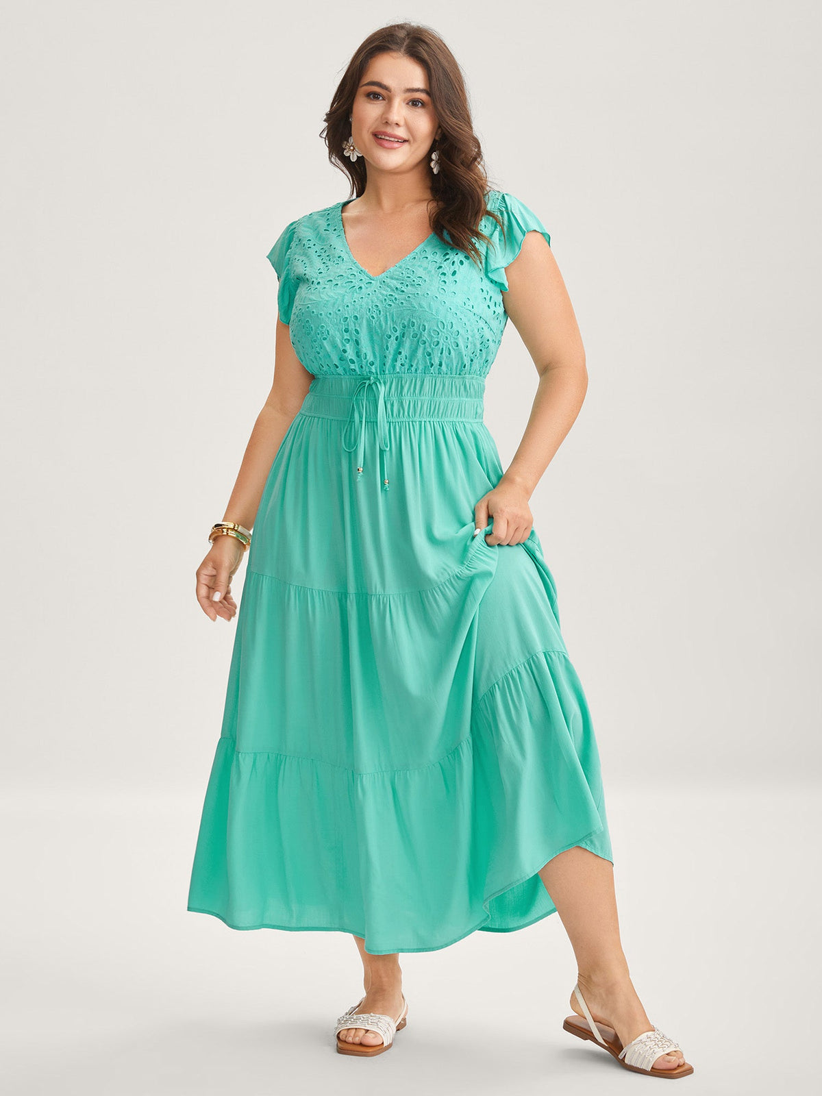 Cotton Embroidered Tie Pockets Maxi Dress