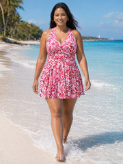 Floral Paisley Print Back Cut-Out Swim Dress